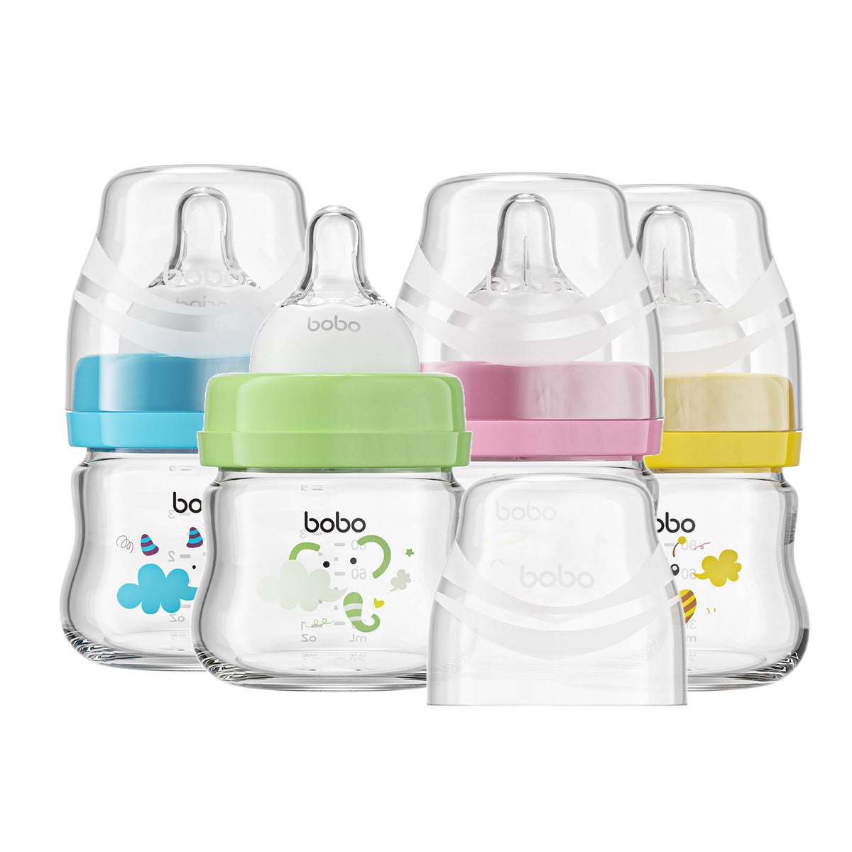 YOHKOH Glass Baby Bottles with Slow Flow Nipple, Newborn Anti-Colic Baby Bottles for 0+ Months, Wide Neck Feeding Bottle, Clear (Multicolour, 2.7oz (Pack of 2))