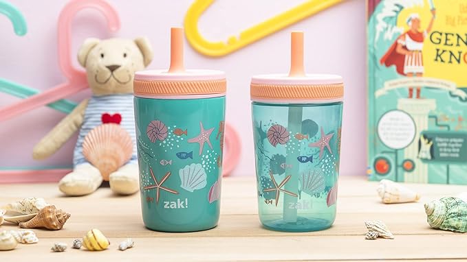 Zak Designs Shells Kelso Tumbler Set, Leak-Proof Screw-On Lid with Straw, Bundle for Kids Includes Plastic and Stainless Steel Cups with Bonus Sipper (3pc Set, Non-BPA) (Pack of 12)