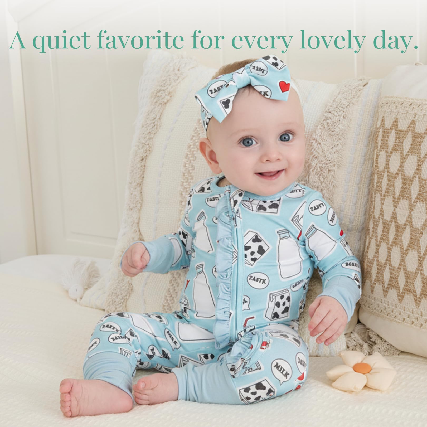 PATPAT Baby Girl Infant Clothes Footie – Soft Viscose from Bamboo, Stretch Feel – 2-Way Ruffled Zipper, Fold-Over Mittens & Cuffs Sweet Milks Newborn