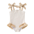 Happy Town Toddler Swimsuit Girl Solid Color Stripe One-Piece Baby Bathing Suits (Beige Almond Stripe, 12-18 Months)