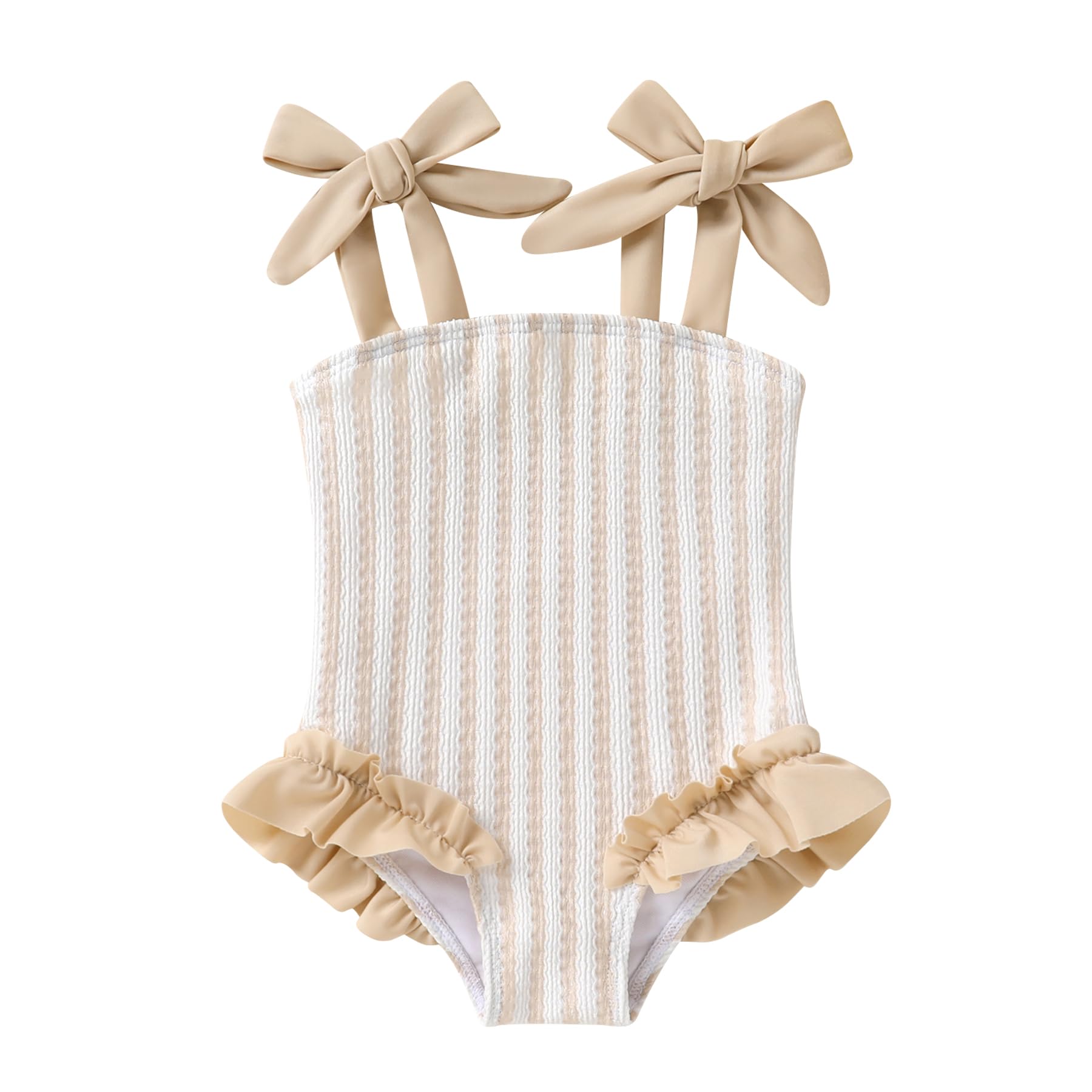 Happy Town Toddler Swimsuit Girl Solid Color Stripe One-Piece Baby Bathing Suits (Beige Almond Stripe, 5-6 Years)