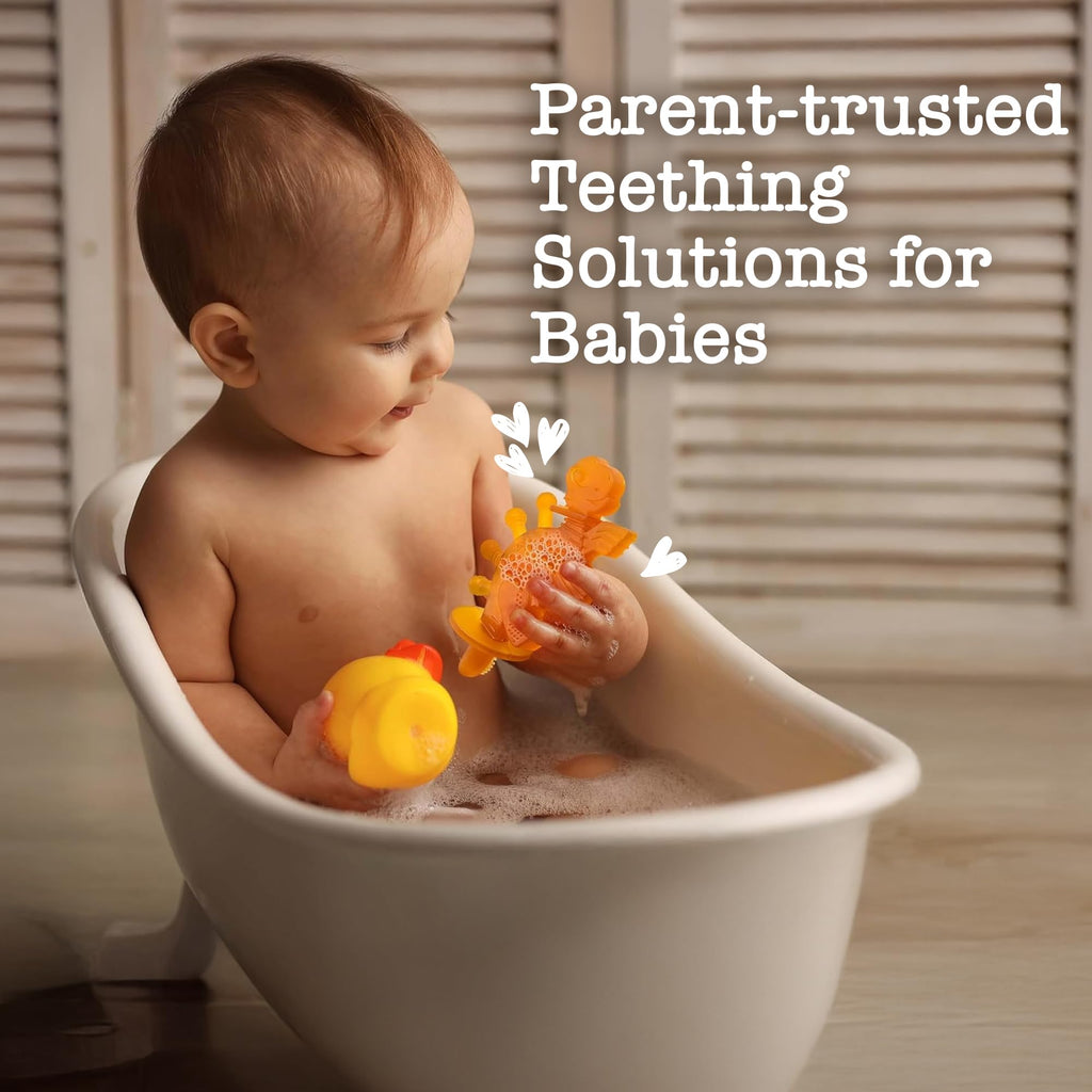 Bambeado Dibly Baby Teething Toy - Made with Natural Rubber & Amber Elements - Gentle Support, Easy to Hold, Simple to Clean - Cute Dinosaur Teether Toy - Alternative to Amber Teething Necklace