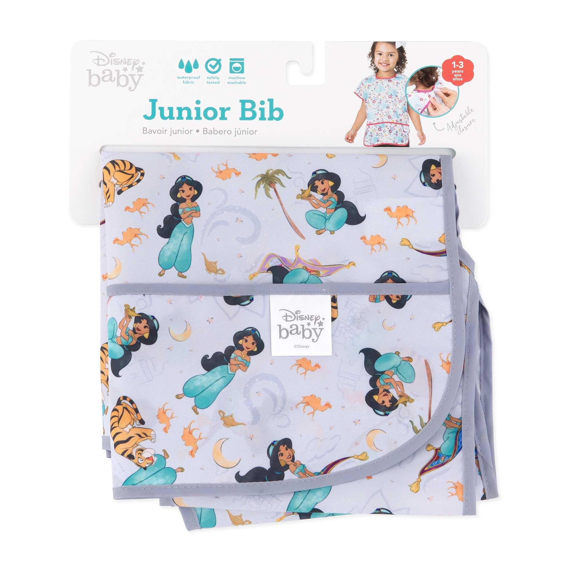 Bumkins Disney Short Sleeve Bib for Girl or Boy, Toddler and Kids for 1-3 Years, Large Size, Essential Must Have for Junior Children, Eating, Mess Saving Soft Fabric Apron for Play, Jasmine