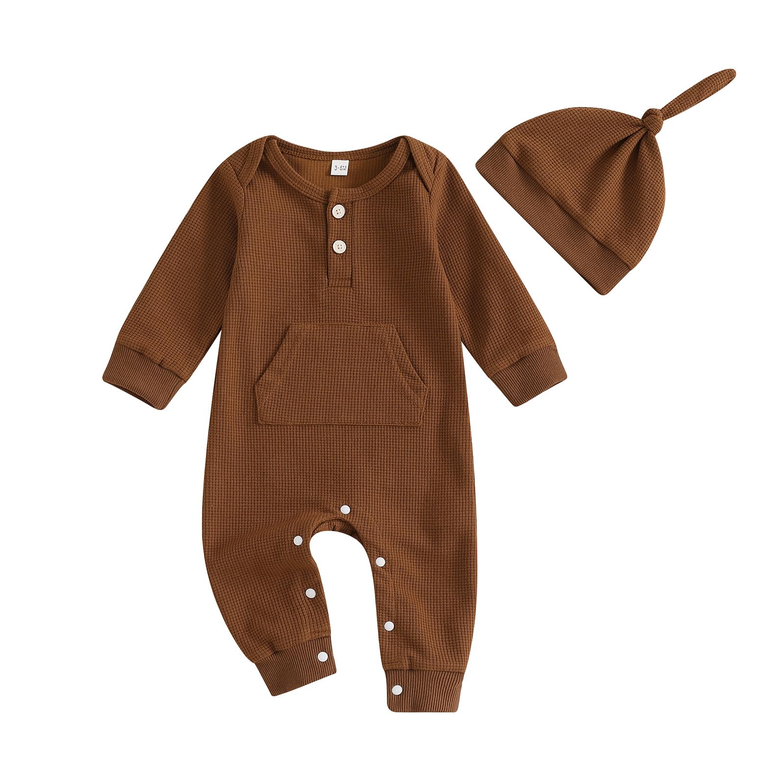 Kuriozud Newborn Infant Unisex Baby Boy Girl Clothes Button Romper Jumpsuit Basic One Piece Outfits Long Sleeve with Hat Brown, 0-3 Months