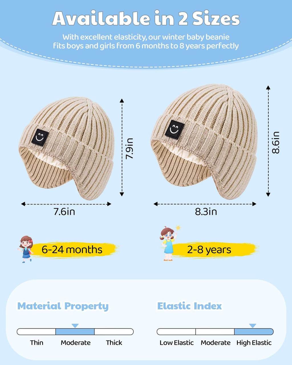 Alepo 3 Pack Baby Beanie Hats with Earflaps, 2 Size Baby Winter Hat for Newborn Infant Toddler Kids Children with Cute Smiley Face, Soft Warm Fleece Lined Knit Hat for Girls Boys-13