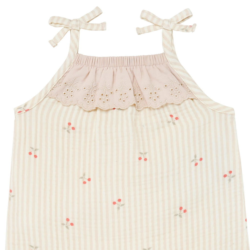Modern Moments by Gerber Baby Girls' Sleeveless Ruffle Romper, Beige Cherry Stripe, 12 Months