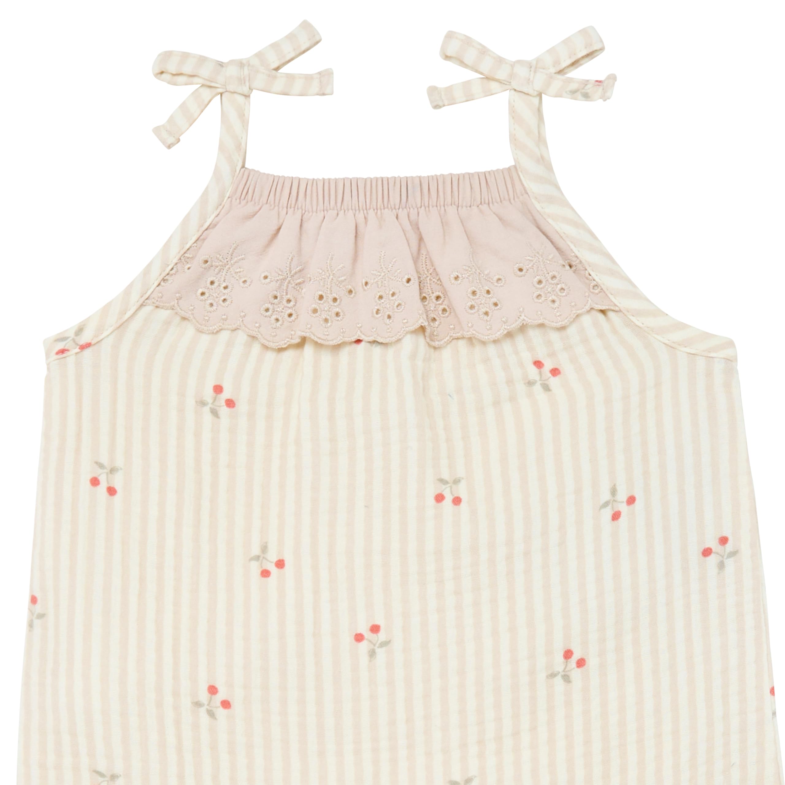 Modern Moments by Gerber Baby Girls' Sleeveless Ruffle Romper, Beige Cherry Stripe, 12 Months
