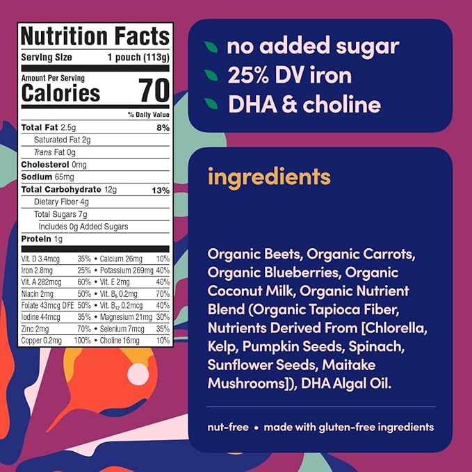 Cerebelly Organic Baby Food Pouches, Beet Carrot Blueberry Purees, 16 Nutrients, No Added Sugar, Fiber & Non-GMO, 4oz, 12 Pack