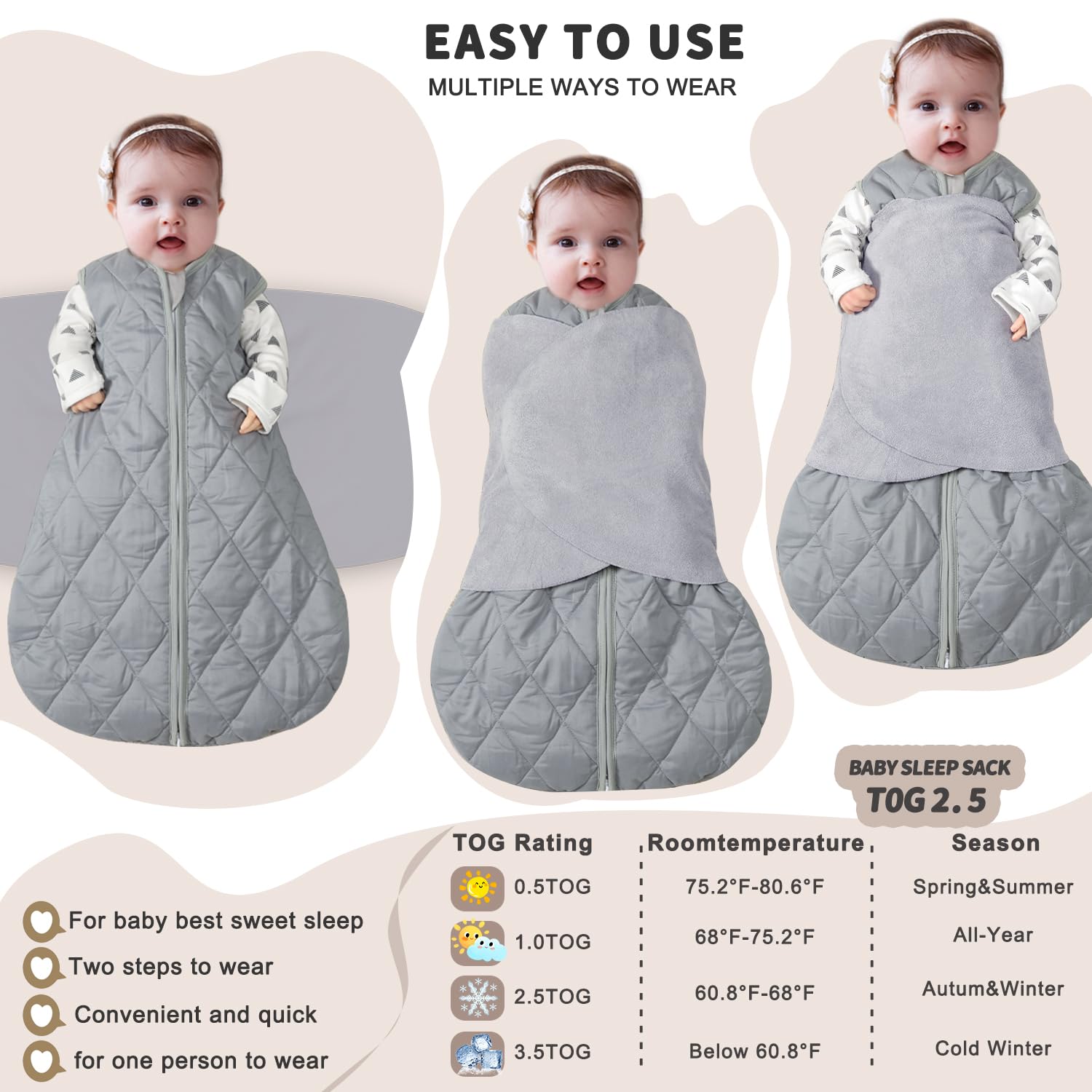 BSTOPPT Newborn Sleep Sack Baby Swaddle,3-Way Adjustable Wearable Blanket,Swaddling Sleeping Bag,TOG 2.5 (Gray, 3-6 Months)