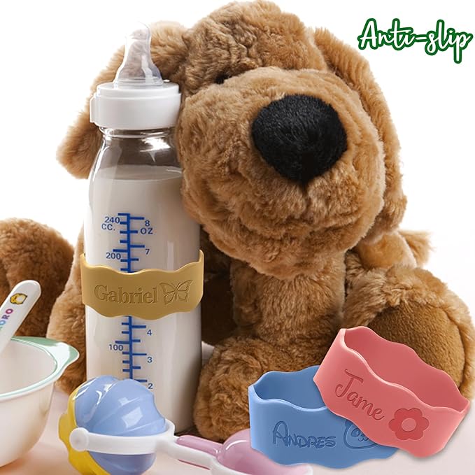 Personalized Baby Bottle Labels for Daycare Custom Water Bottle Name Bands Customized Engraved Silicone Baby Reusable Bottle Straps Labels for Cups School-Lake Blue