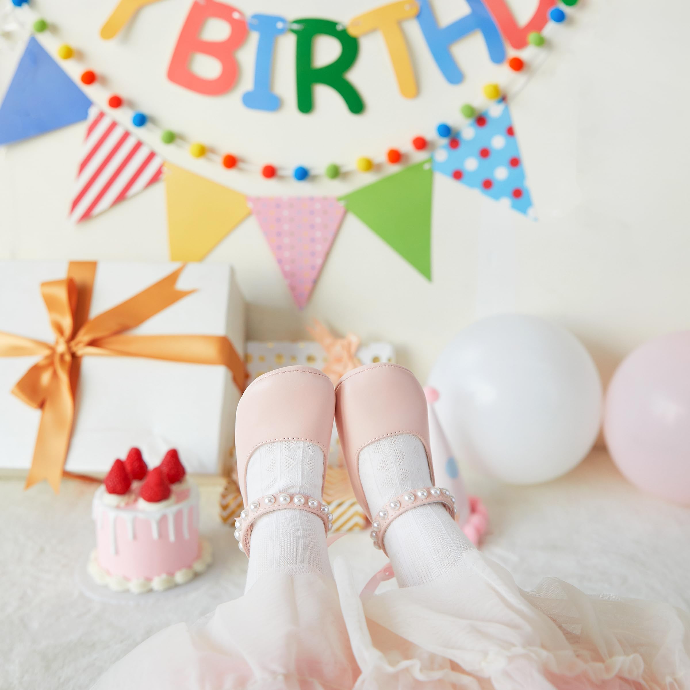 PHIRAMIN Baby Girls Pink Mary Jane Flats - Infant 9-12 Months Walking Shoes Soft Rubber Sole Princess Wedding