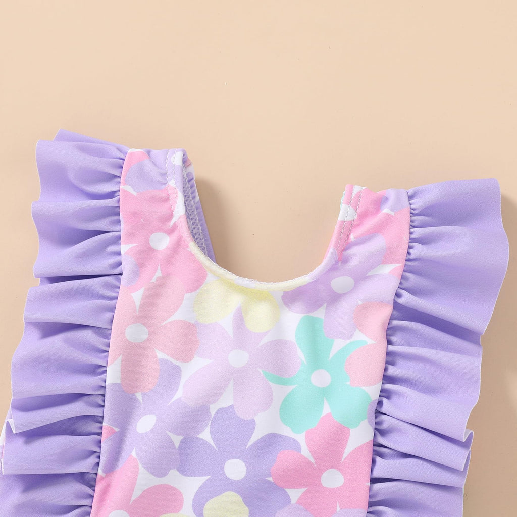Newborn Baby Girl Ruffle Swimsuit Infant Toddler One Piece Floral Bikini Beach Bathing Swimwear Set(Flower Purple,18-24 Months)