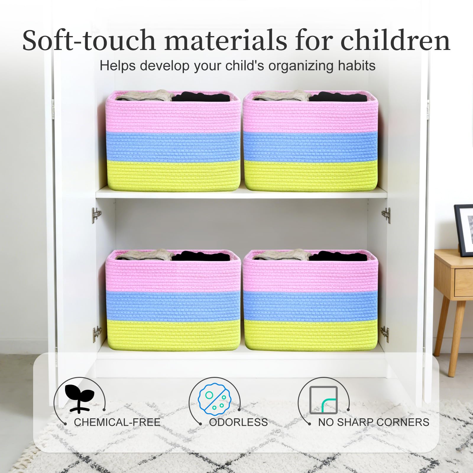Hopegiver Rainbow Cotton Rope Storage Baskets Set of 3 for Kids Baby, Colorful Storage Bins for Toys, Woven Organizer Baskets Room Decor for Nursery & Playroom(Pink&Blue&Yellow, 15x11x10 IN)