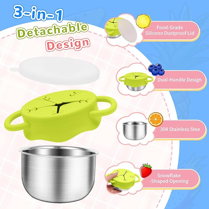 2 Pack Toddler Snack Containers –13.5oz Food Grade Stainless Steel Snack Cups for Toddlers Spill Proof with Snowflake Silicone Lids & Handles, Baby Snack Containers, Dishwasher Safe Toddler Snack Cups