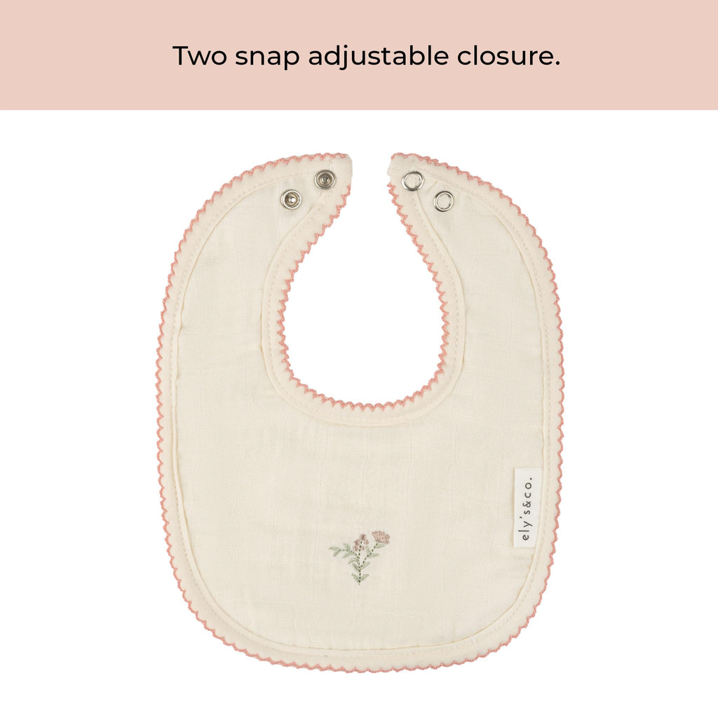 Ely's & Co. 100% Cotton Muslin Bib with Terry lining Soft & Absorbent for Infants, Adjustable Snaps 3 Pack 0-6 Months (0-6 Months, Gingko Pink and Ivory) For Baby Girl