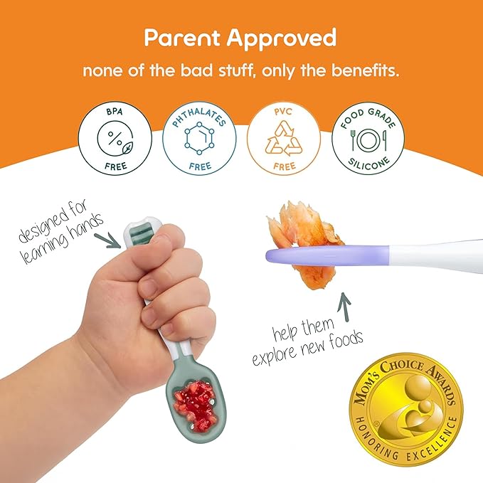 NumNum Baby Spoons Set, Baby Essentials Pre-Spoon GOOtensils for 6+ Months, First Stage Self-Feeding Spoons for Baby Led Weaning (BLW), Silicone Toddler Utensils, BPA-Free, 2 Pack Blue/Yellow
