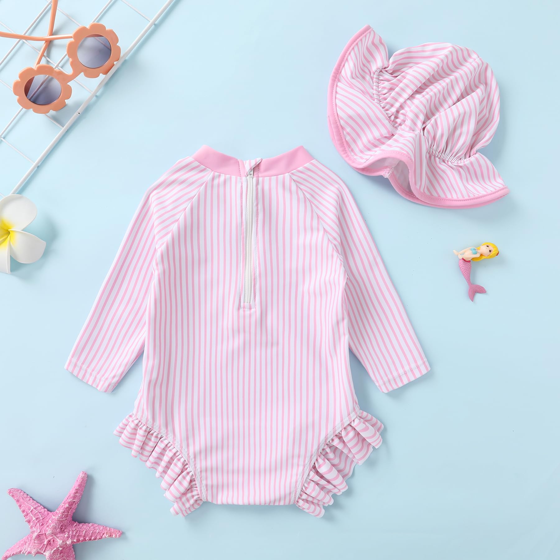 Infant Baby Girl Swimsuit One-Piece Long Sleeve Rash Guard with Hat Set Floral Zipper Bathing Suit Leopard Beach Wear(Pink,12-18 Months)