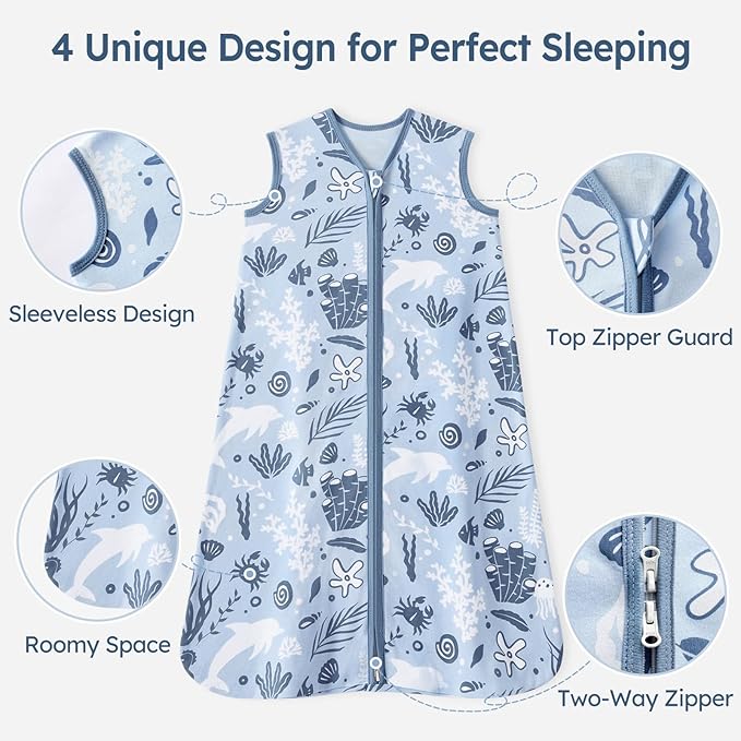 Baby Sleep Sack 12-18 Months 100% Cotton Lightweight 0.5 TOG Wearable Blanket Baby Sleep Bag with 2-Way Zipper for Infant Toddler Blue Dolphin