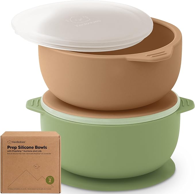 KeaBabies 2-Pack Baby Bowls with Suctions, Lids - Silicone Toddler Suction Bowls for Baby Boy, Girl, Kids, Food Grade Silicone, BPA-Free, Dishwasher Safe, Toddler Eating Essentials (Desert)