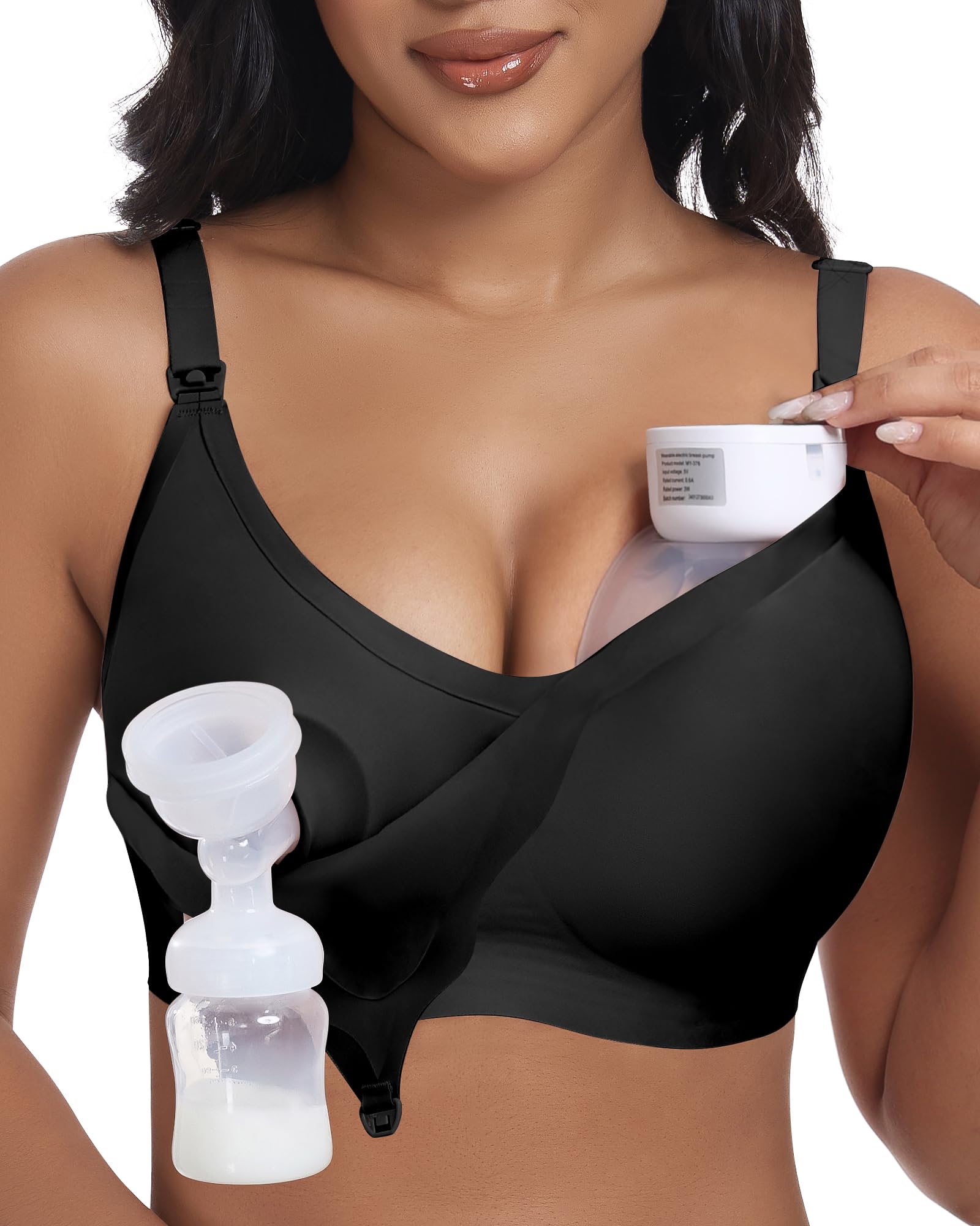 As Fairy Wireless Seamless Pumping Bra Hands Free Nursing Bra Wirefree Comfort Wearable Breast Pump Bras (Black M Plus)
