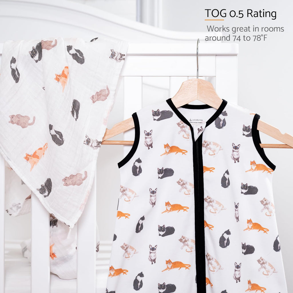 LollyBanks 100% Cotton Baby Sleep Sack 6-12 Months for Baby Boys, Soft Infant Sleep Sack with 2-Way Zipper, Cozy and Lightweight 0.5 TOG Baby Sleeping Bag, Baby Essentials (Cat Print)