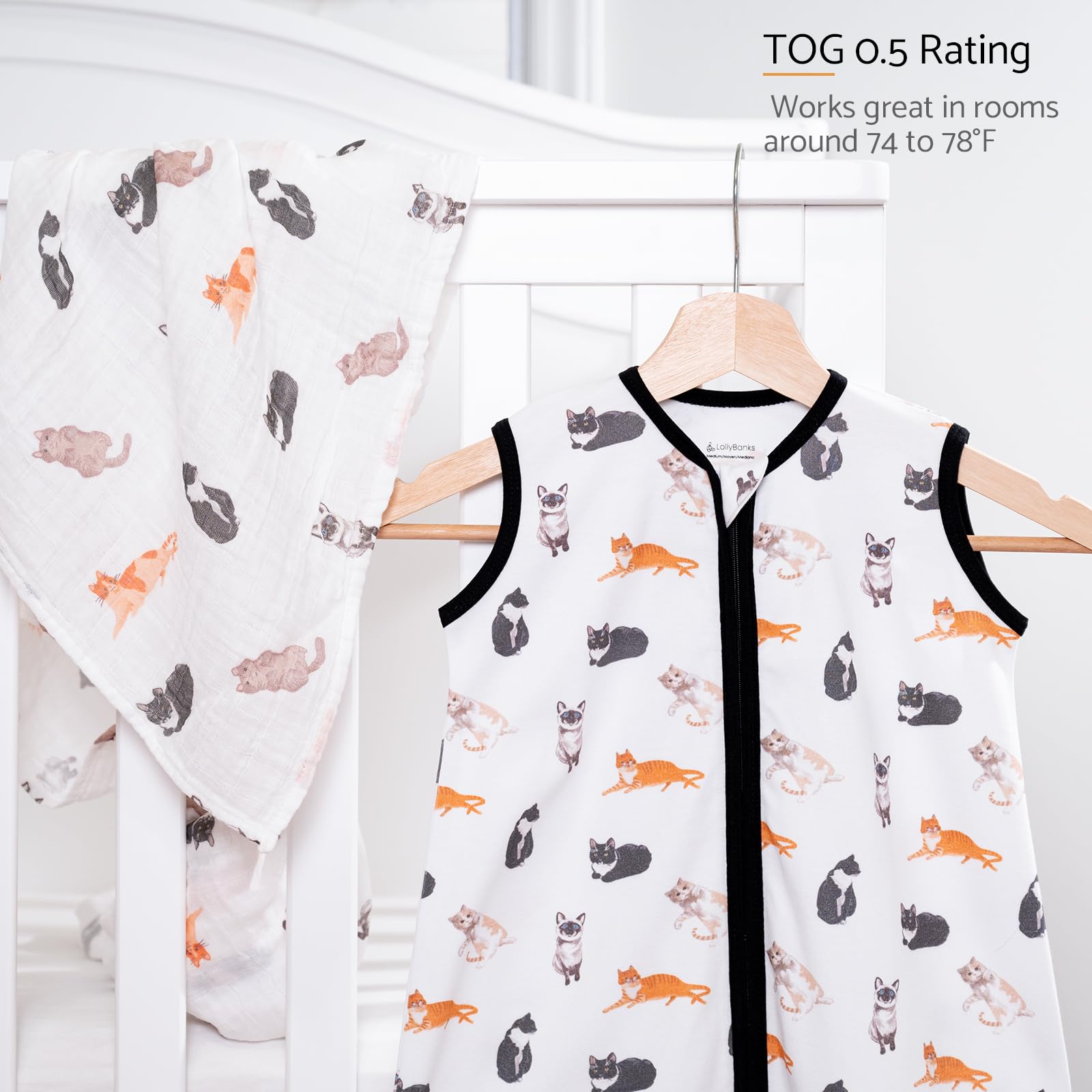 LollyBanks 100% Cotton Baby Sleep Sack 6-12 Months for Baby Boys, Soft Infant Sleep Sack with 2-Way Zipper, Cozy and Lightweight 0.5 TOG Baby Sleeping Bag, Baby Essentials (Cat Print)