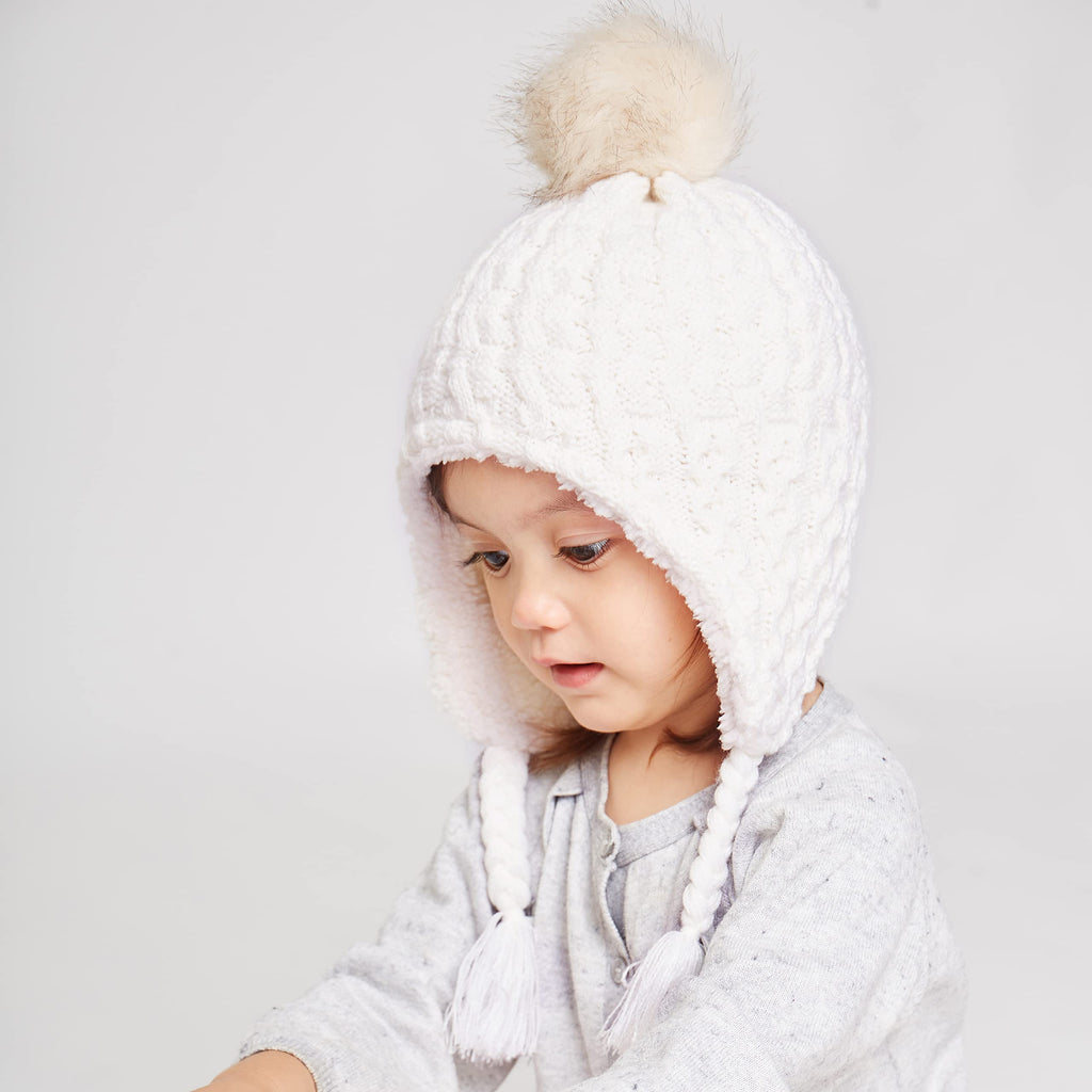LANGZHEN Toddler Kids Winter Hat,Earflap Knit Warm Cap Fleece Lined Beanie for Baby Girls(Peach+White,6-12 Months)