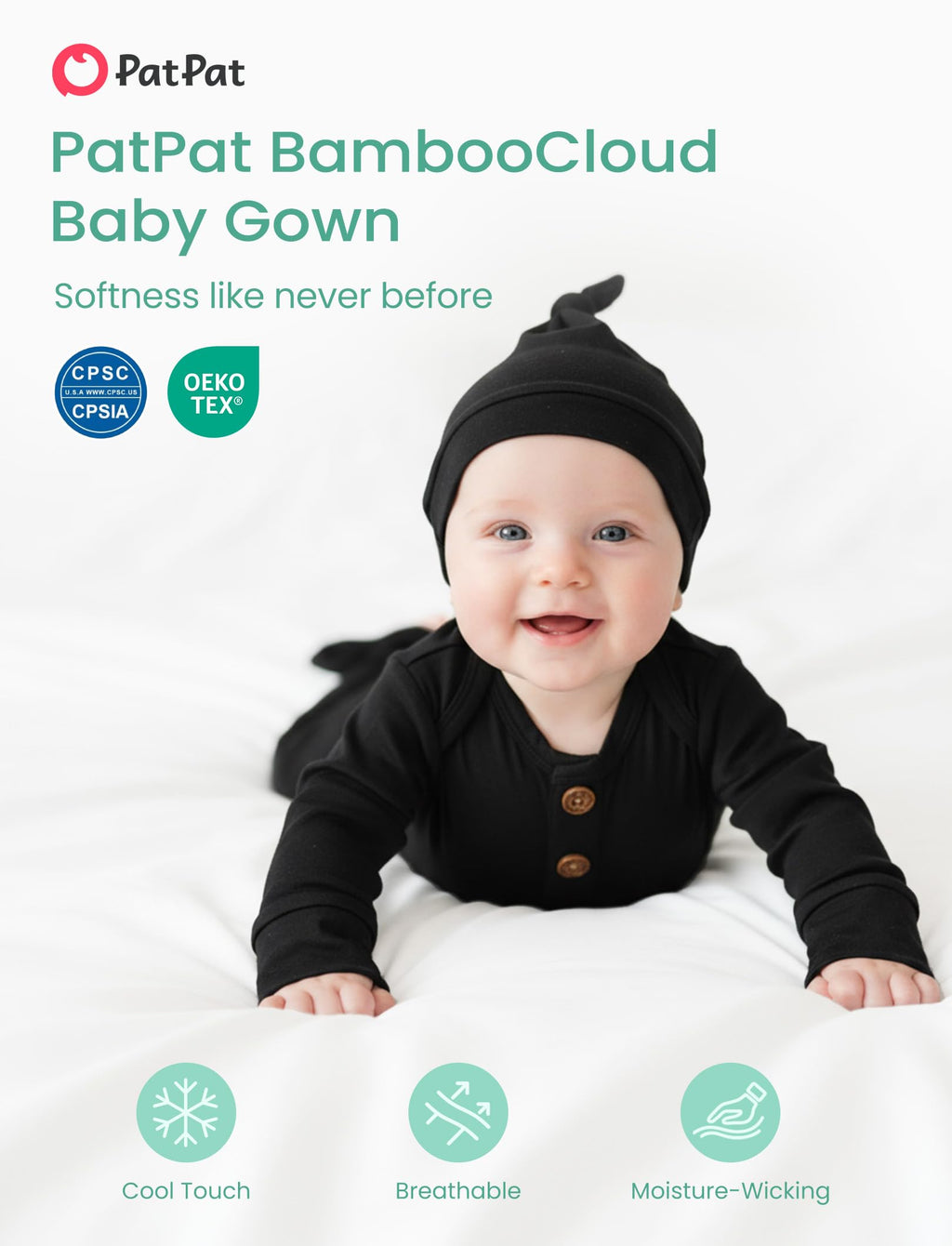PATPAT Baby Sleeper Gown with Bamboo Viscose for Newborn Girls Boys, Knotted Nightgown with Mittens for Infant Home Coming, Onyx-Hat, 3-6M