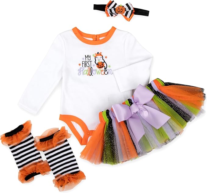 Baby Girl Holiday Outfit 4-Piece Set – Long Sleeve Bodysuit, Pants, Tutu Skirt & Headband – Halloween, Thanksgiving