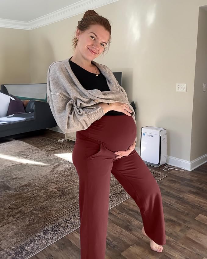G4Free Maternity Pants with Pockets for Work Yoga,Dark Burgundy,XS,Short