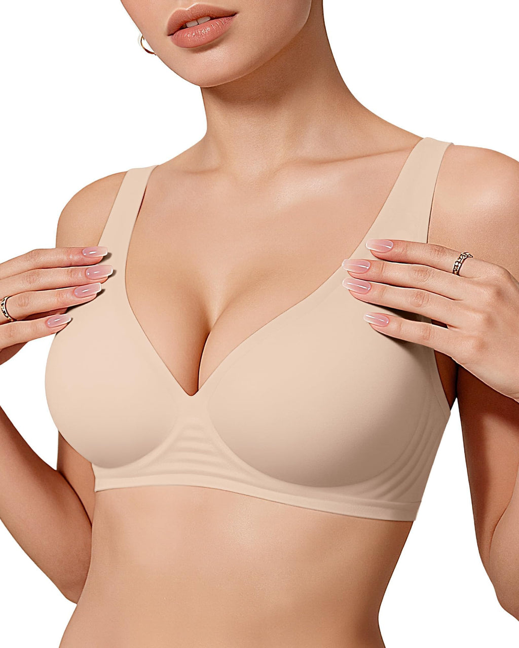 OEAK Womens Deep V Bras Wireless Comfortable Bra Supportive No Underwire Bras Tshirt Push Up Bralettes Plunge Seamless Bra Skin Color 3XL