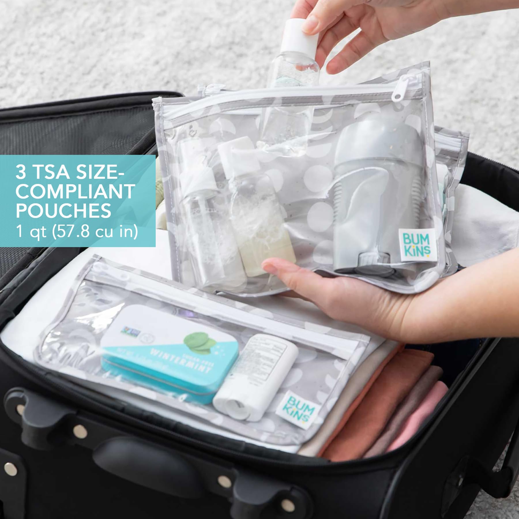 Bumkins - Waterproof Wet Bag & Clear Travel Bags - For Beach, Baby, Travel, Swim Suit, Cloth Diapers, Pump Parts, Pool, Gym, Toiletries - Reusable & Easy to Clean - Lunar Gray - 4 Pack