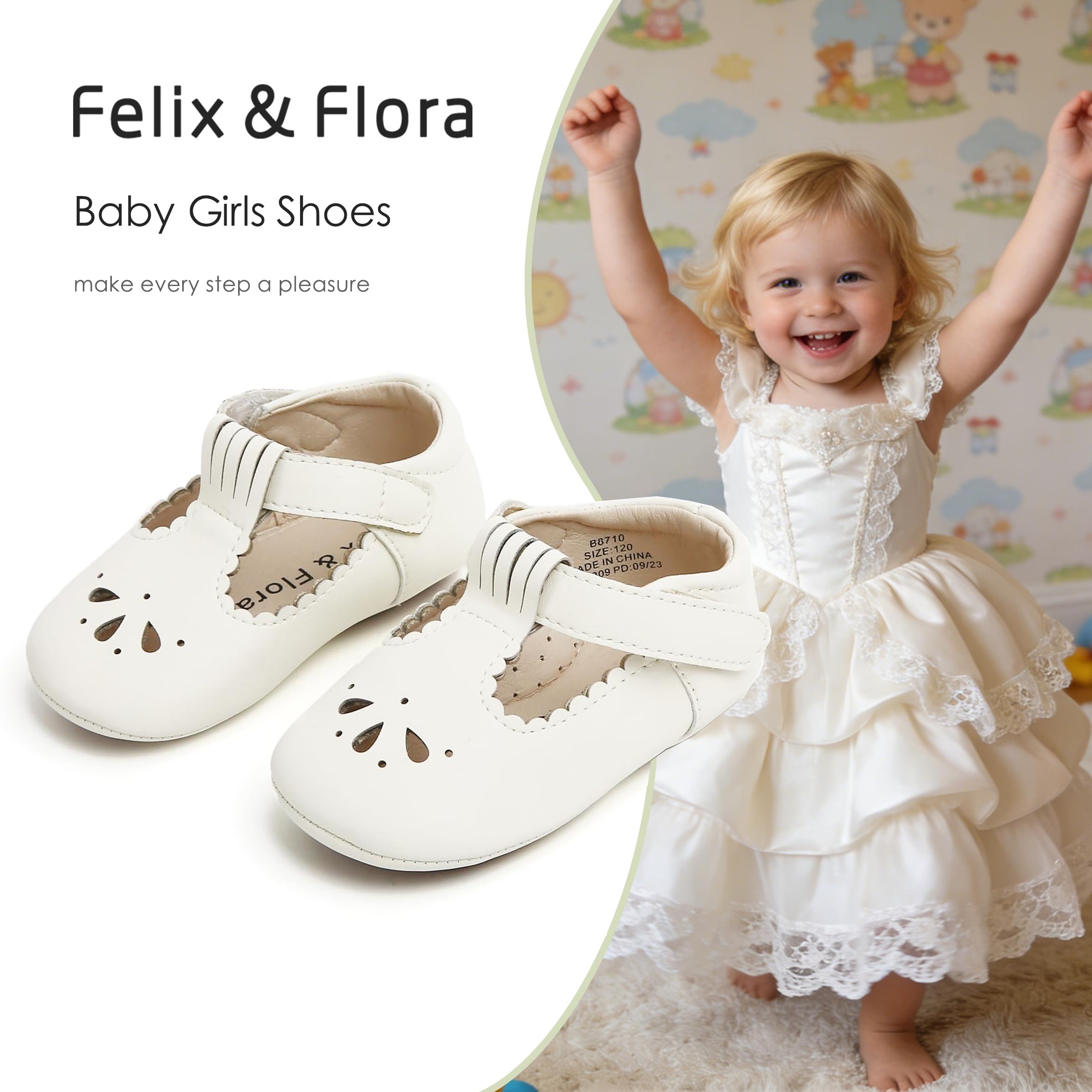 Felix & Flora Soft Sole Ivory White Baby Dress Shoes - Infant Baby Walking Shoes Moccasins Rubber Sole Crib Shoes(Ivory White,12-18Months Infant)