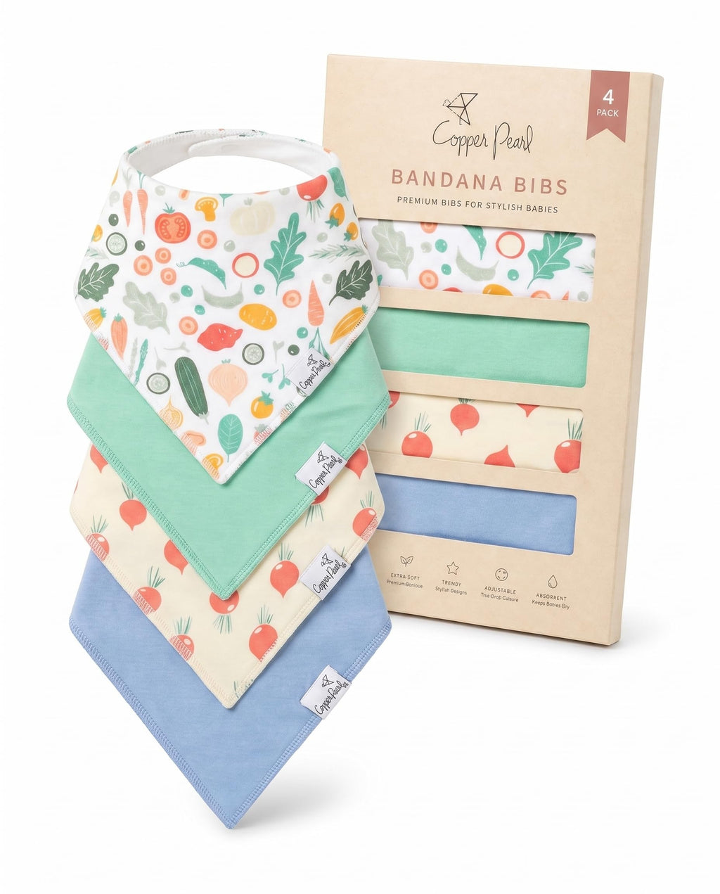 Copper Pearl Baby Bibs for Baby Boy or Girl – Bandana Drool Bibs for Teething, Absorbent Bibs for Eating, Newborn to Toddler, 4 Pack, Veggies