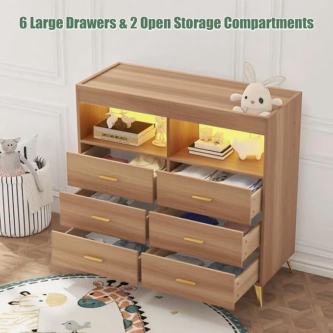 GarveeHome Dresser for Bedroom with 6 Drawers, Baby Changing Table Dresser with Changing Pad, LED Lights & Charging Station, Baby Changing Station with Changing Table Top