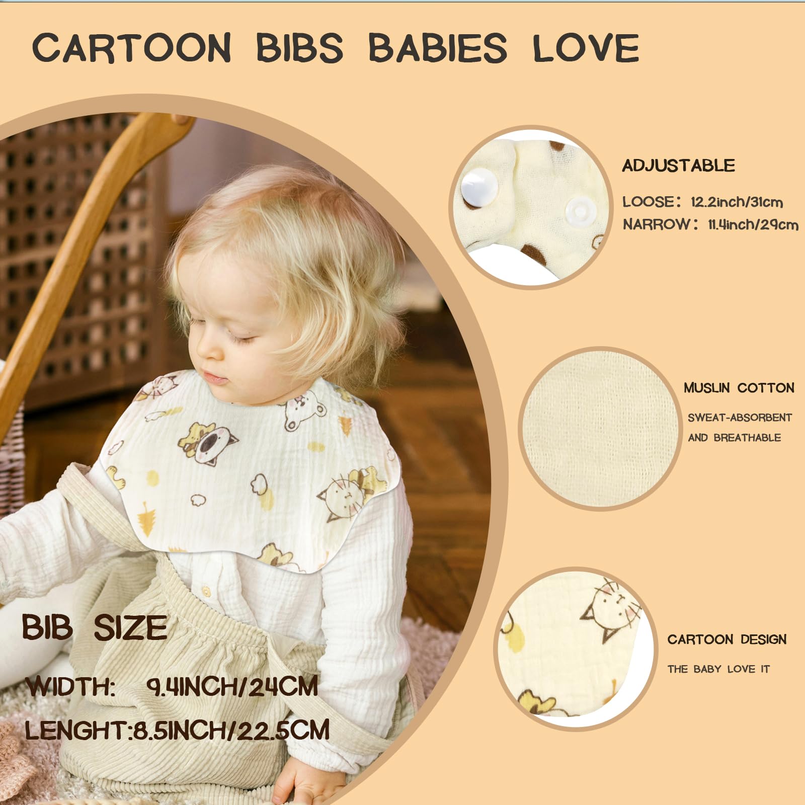 DOSMINE Organic Cotton Muslin Baby Bibs 10 Pack Absorbent Adjustable