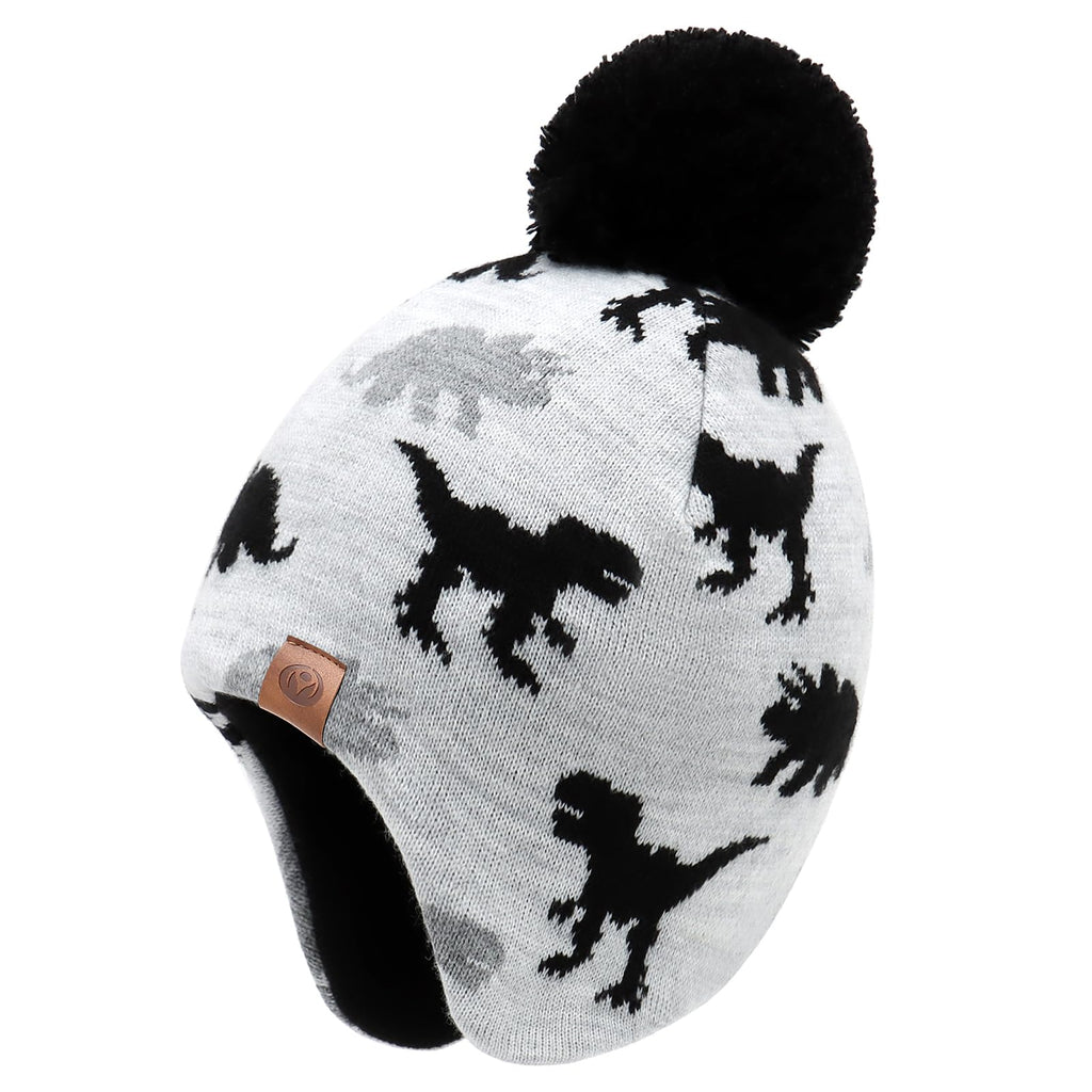 Duoyeree Kids Beanie Dinosaur Pom Pom Knit Winter Hat Fleece Lined for 1-7T