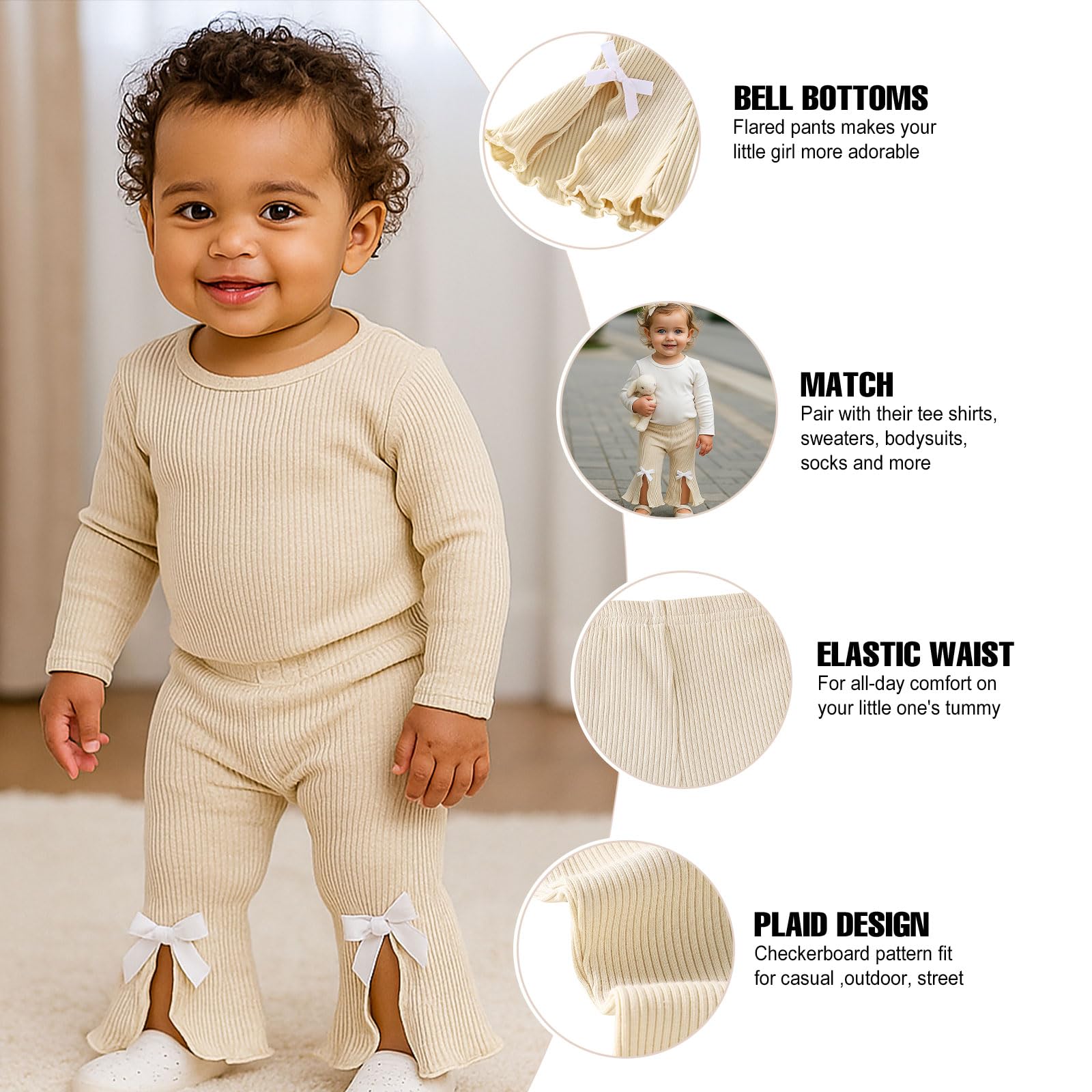 SOBOWO Flare Toddler Pants Leggings 3 Pack Solid Ribbed Ruffle Bell Bottoms Pants Fall Winter Outfits(Black/Blue/Beige, 18-24 Months)
