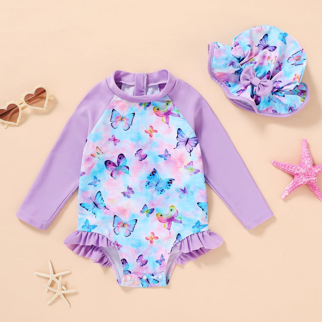 Infant Baby Girl Swimsuit One-Piece Long Sleeve Rash Guard with Hat Set Floral Zipper Bathing Suit Leopard Beach Wear(Purple Butterfly, 18-24M)