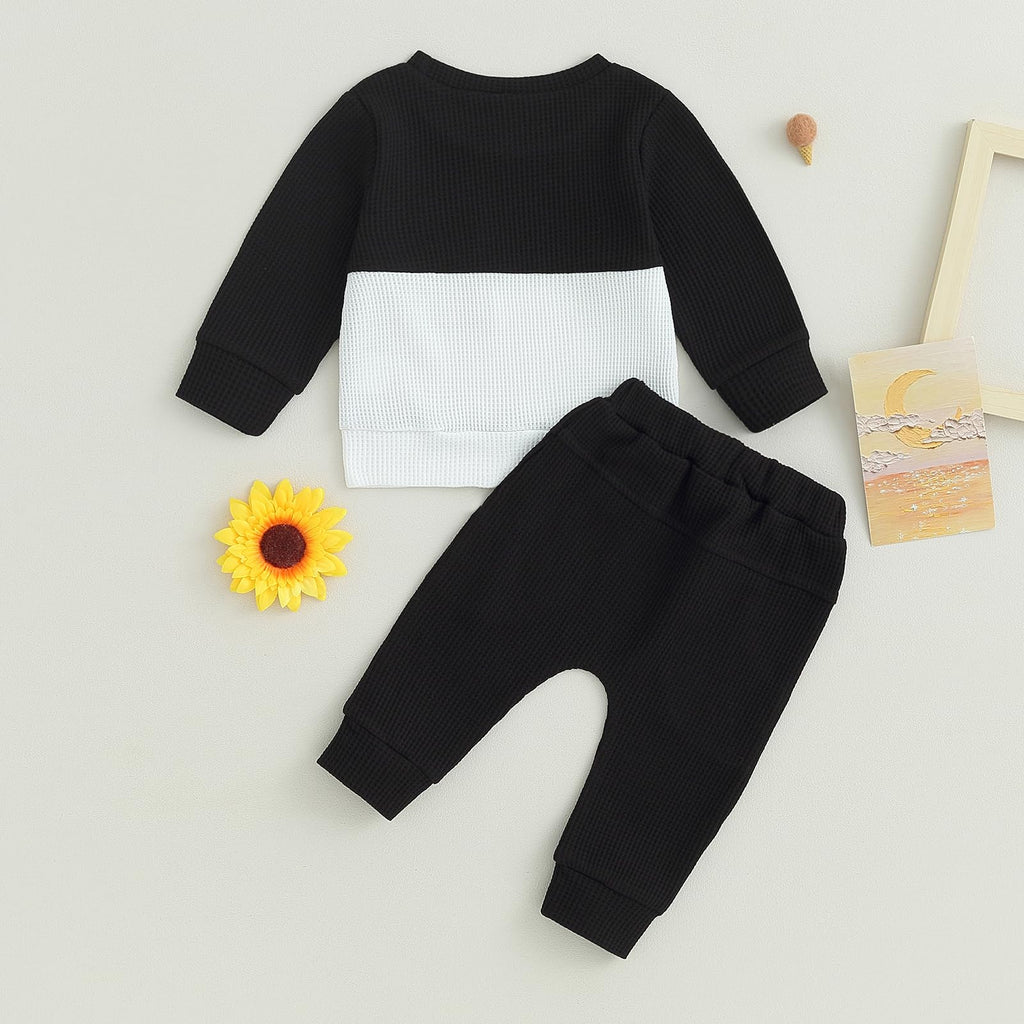 Fufuriprefer Toddler Baby Boy Fall Clothes Waffle outfit Long Sleeve Top Jogger Pant Set (Black White, 2-3T)