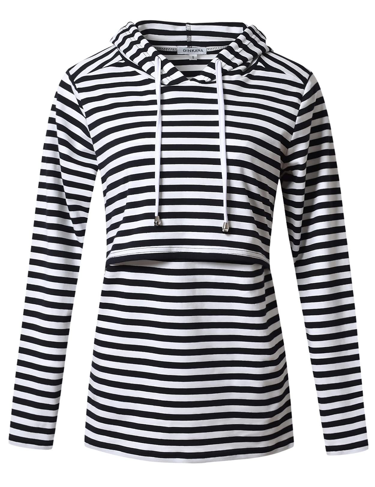GINKANA Women's Nursing Pullover Hoodie Long Sleeves Sweatshirt Maternity Casual Nursing Top,Black with White Stripes,L