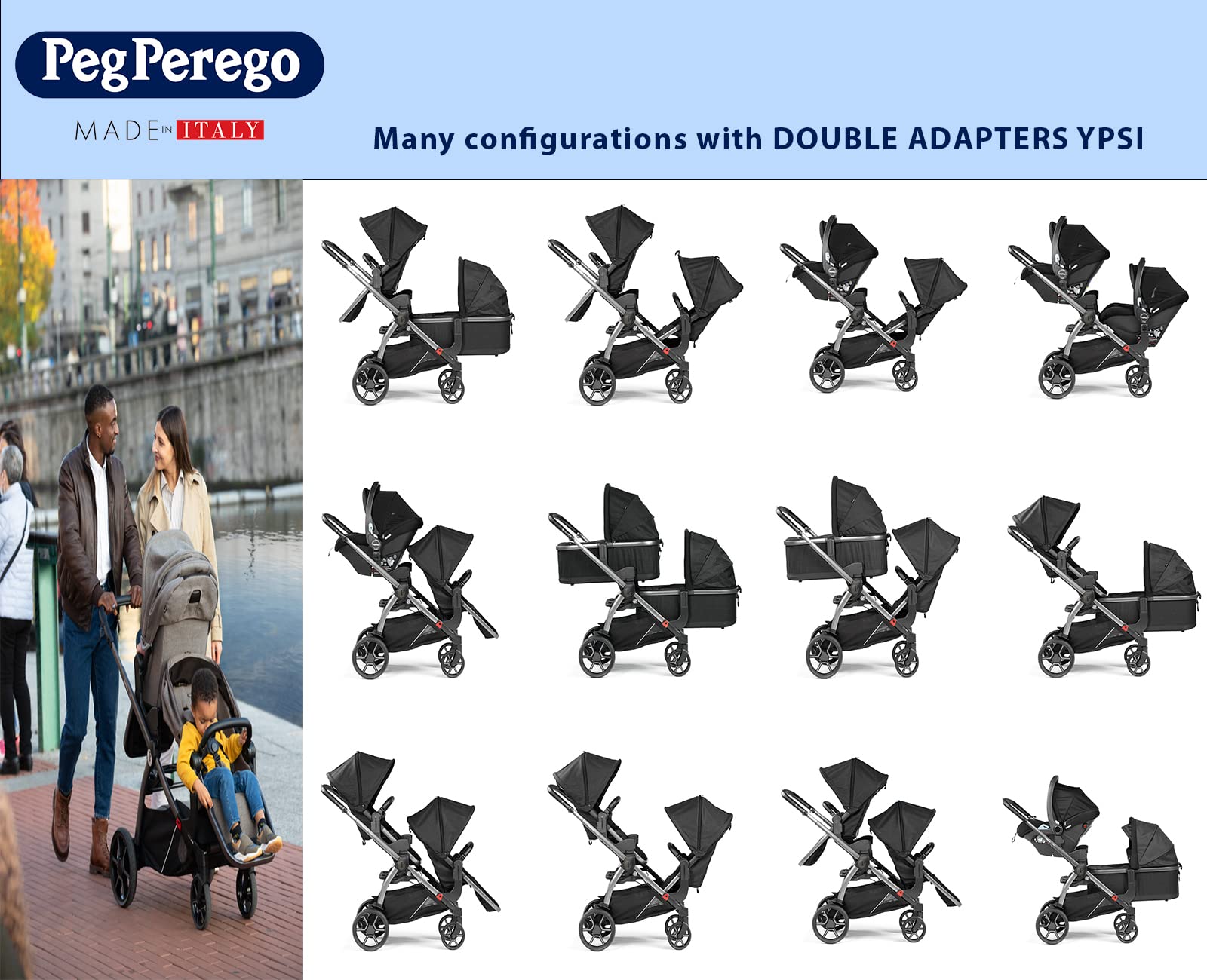 Peg Perego Ypsi – Compact Single to Double Stroller – Compatible with All Primo Viaggio 4-35 Infant Car Seats & Ypsi Bassinets - Made in Italy - New Life (Blue) Innovative Eco-Sustainable Fabric