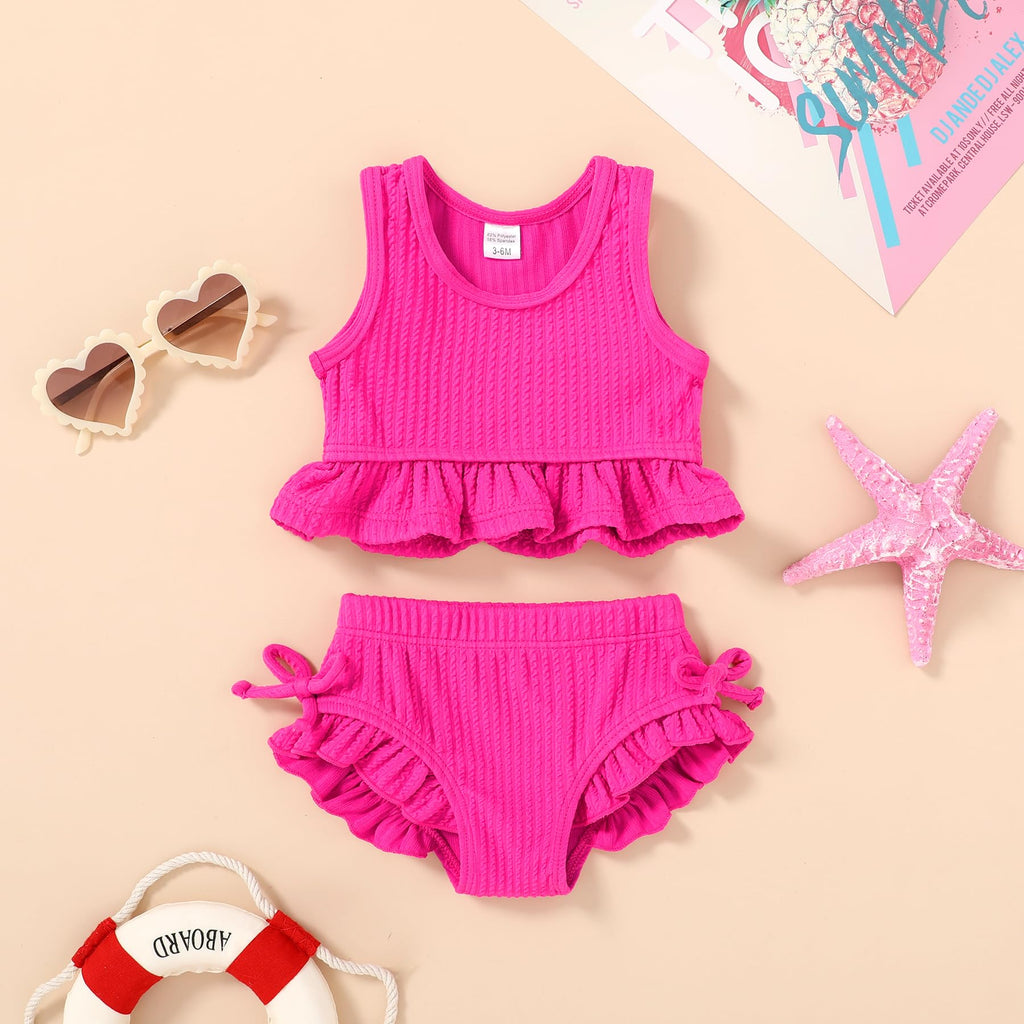 HAPPYMA Baby Swimsuit Toddler Girl Bathing Suit Summer Solid Color Bikini Set Beach Two Piece Swim Wear (Rose Pink, 3-6 Months)