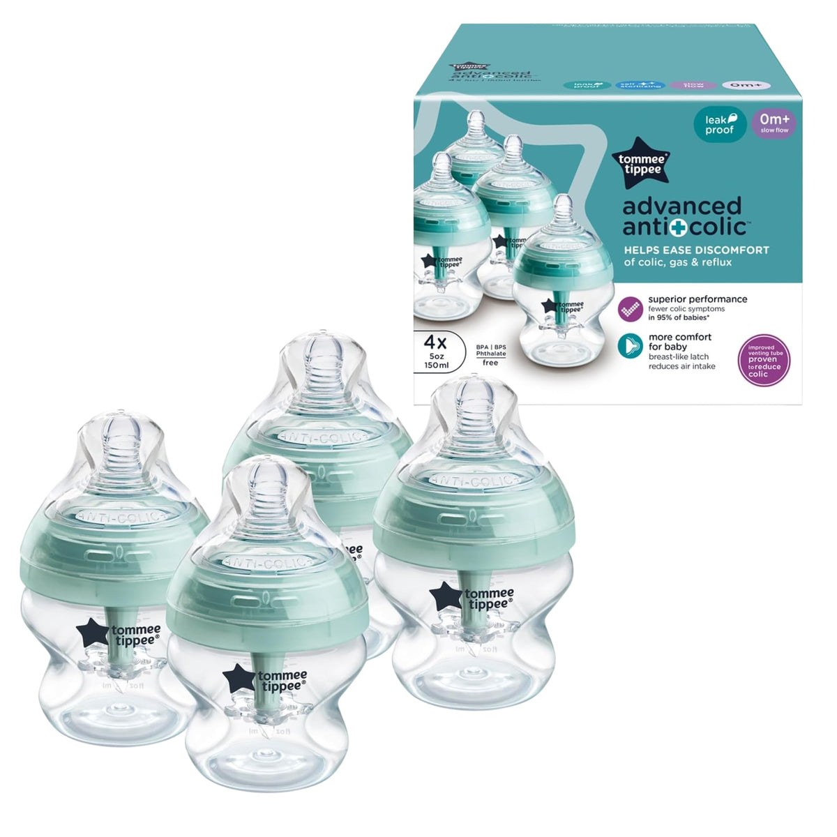 Tommee Tippee Advanced Anti-Colic 5 oz BPA Free Baby Bottles, Newborn 0+ Months, Slow Flow Breast-Like Nipple, Unique Design Keeps Air Away from Milk and Baby, Clear, Pack of 2