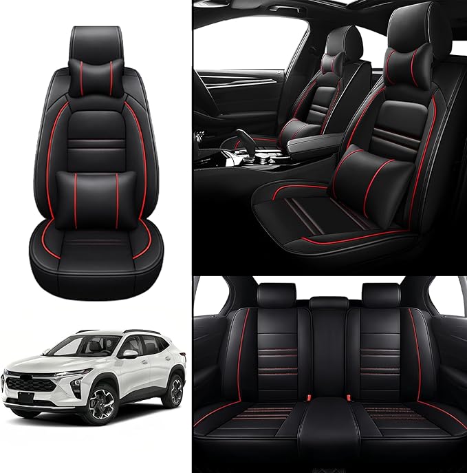 Car Seat Covers for Chevy trax 2015-2025 | 5-Seats Seat Covers, Waterproof Seat Protectors, Automotive Seat Covers (Full Set with Pillow,Black&Red Line)