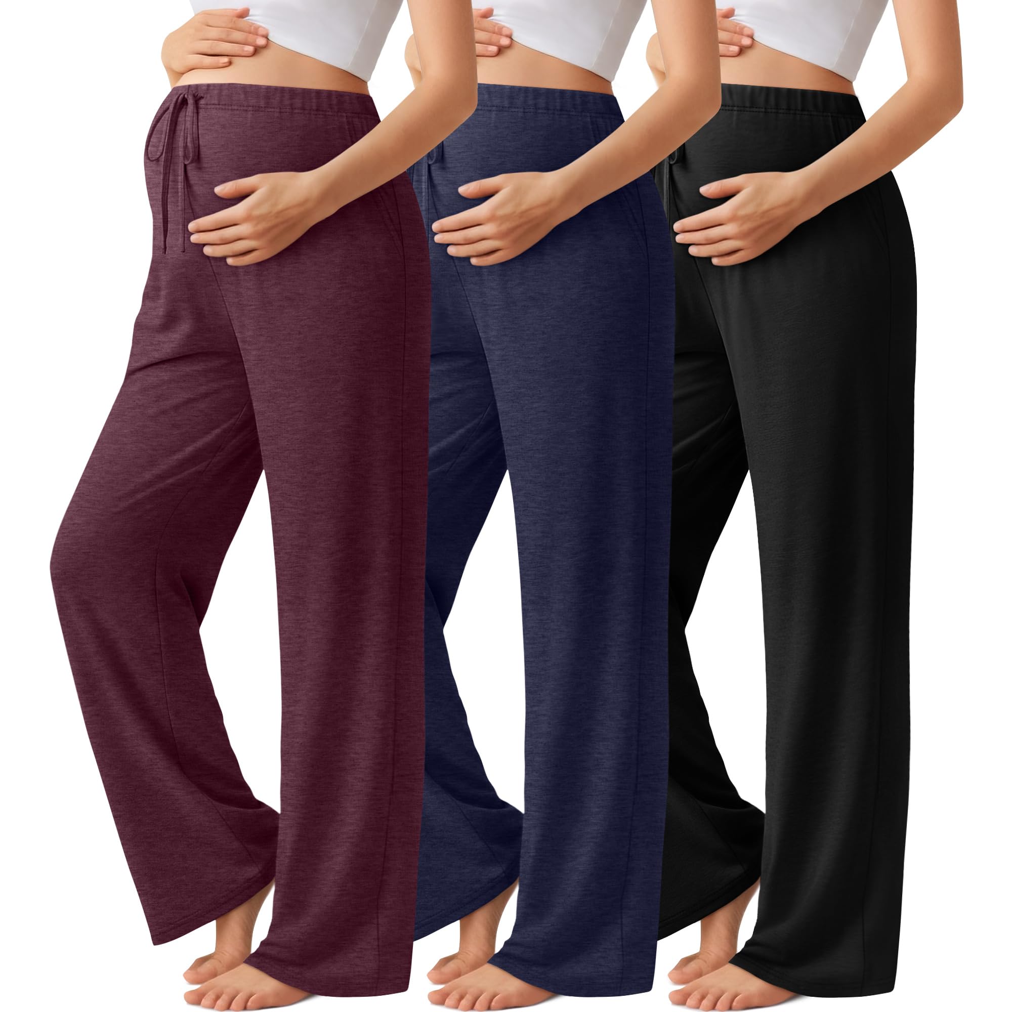 Sweetyweee 3 Pack Maternity Wide Leg Lounge Pants, 3-Color, Large