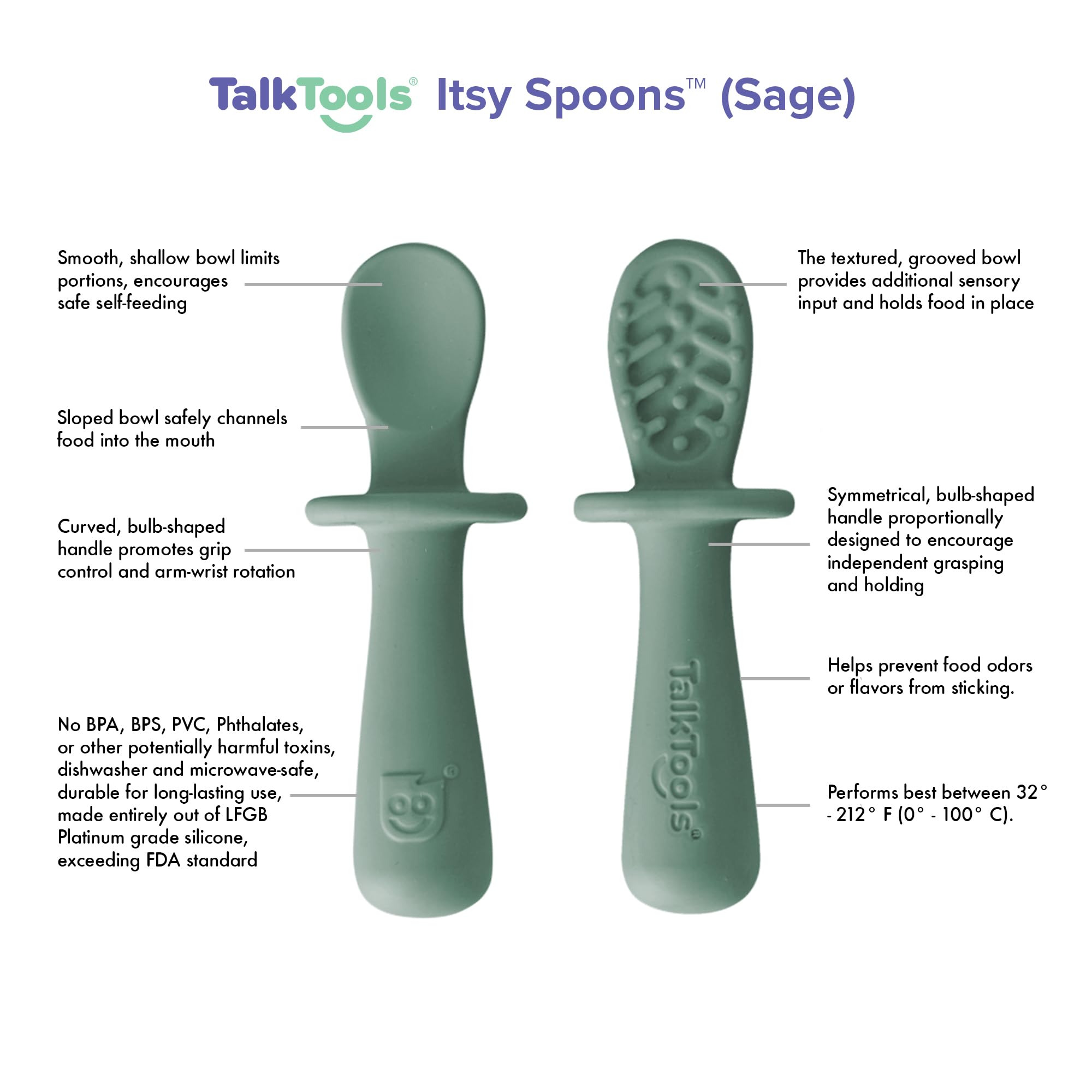 TalkTools ITSY Tiny Silicone Spoons – Twin Pack Soft Silicone Self-Feeding Training Spoons for Kids & Toddlers, Anti-Choking Flange Guard and Non-Slip Handle (Sage)