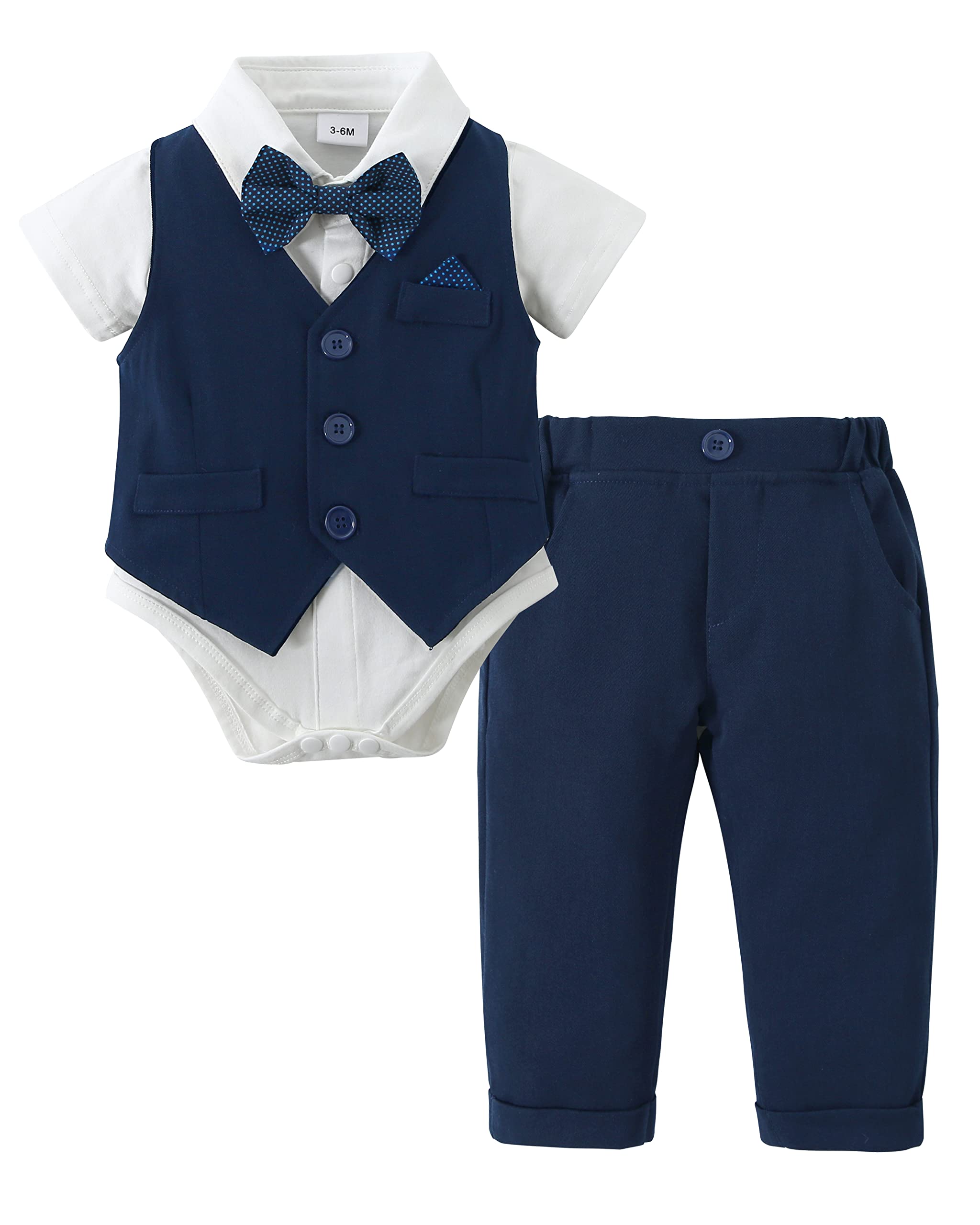 DISAUR Baby Boy Baptism Outfit Baby Boy Church Outfit Short Sleeve Infant White Shirt Dark Blue Plaid Vest Pants Bow Tie 3 6 Months