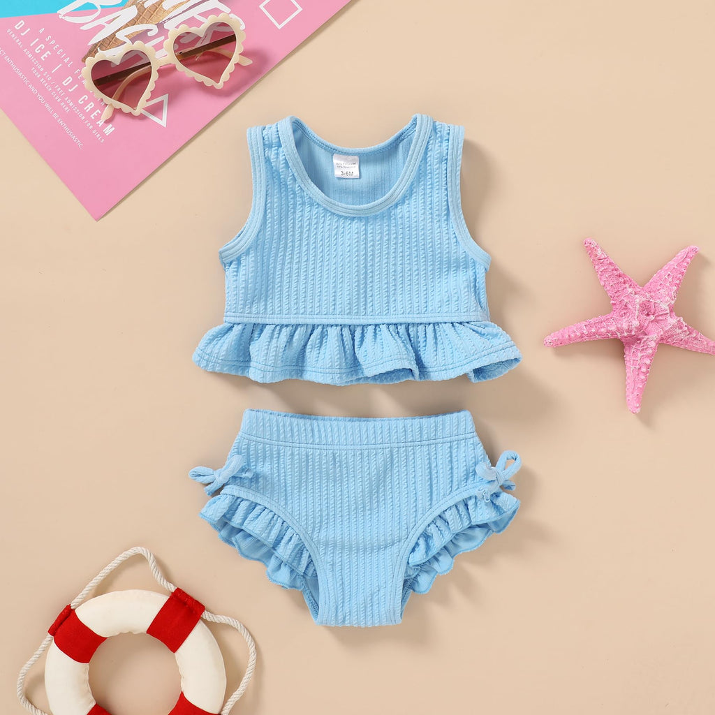 HAPPYMA Baby Swimsuit Toddler Girl Bathing Suit Summer Solid Color Bikini Set Beach Two Piece Swim Wear (Blue, 18-24 Months)