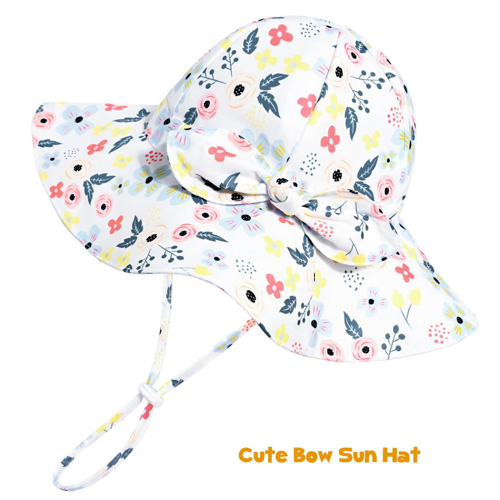 Baby Girl Sun Hat with UPF 50+ Outdoor Adjustable Beach Hat with Wide Brim Bucket Hats (6-12 Months, Pink-Blue Printing)